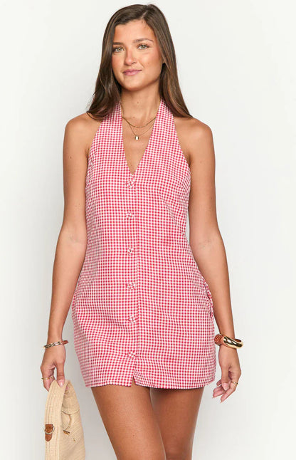 Felix Red Gingham Halter Mini Dress