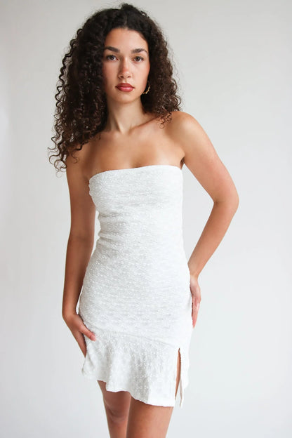 Strapless Split Hem Lace Mini Dress