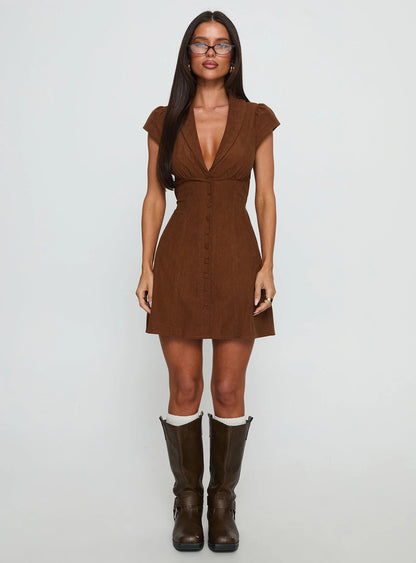 Magdalene Corduroy Button Down Mini Dress Chocolate