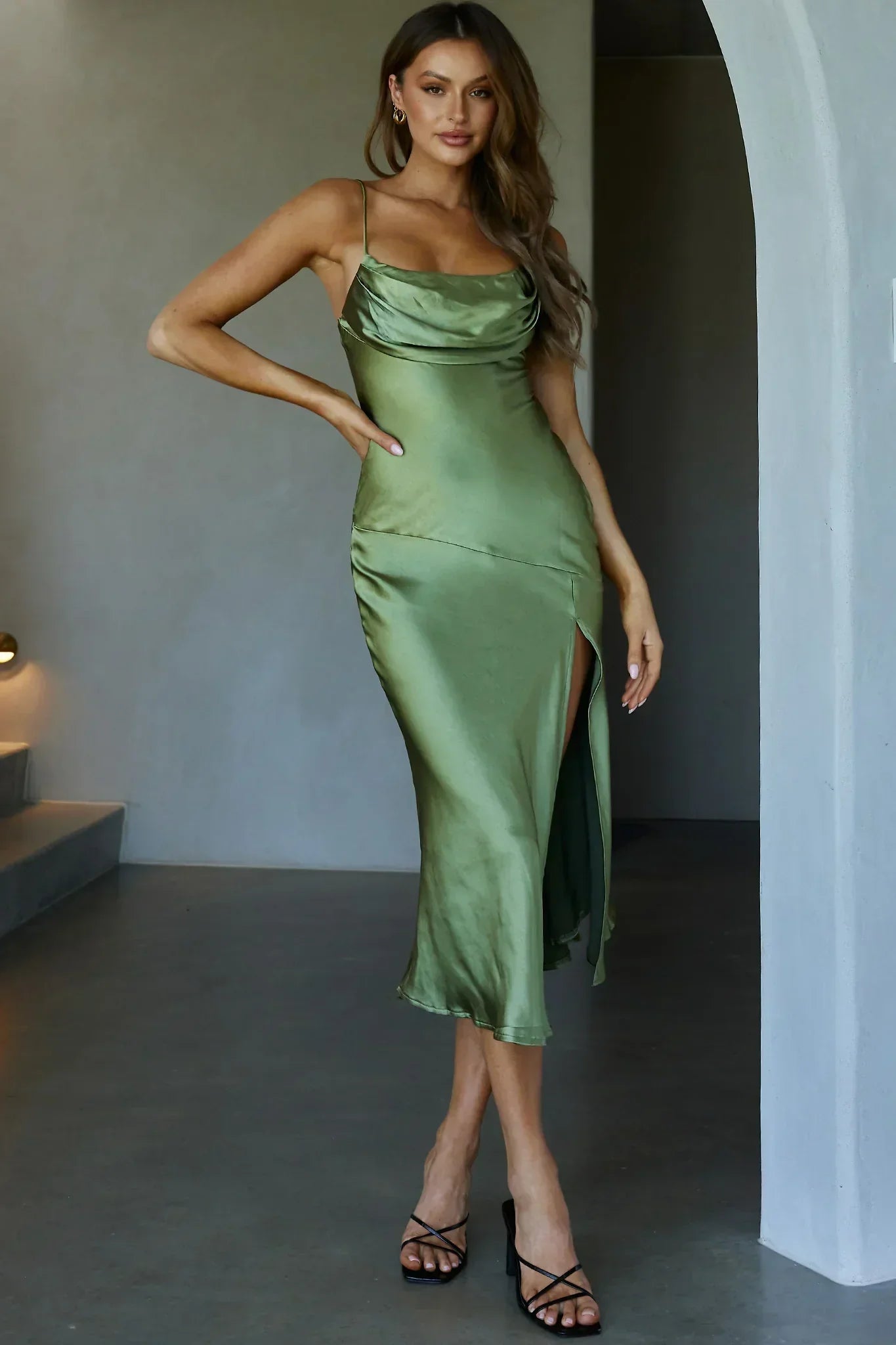 Well Versed Pleated Bust Front Split Dress Olive
