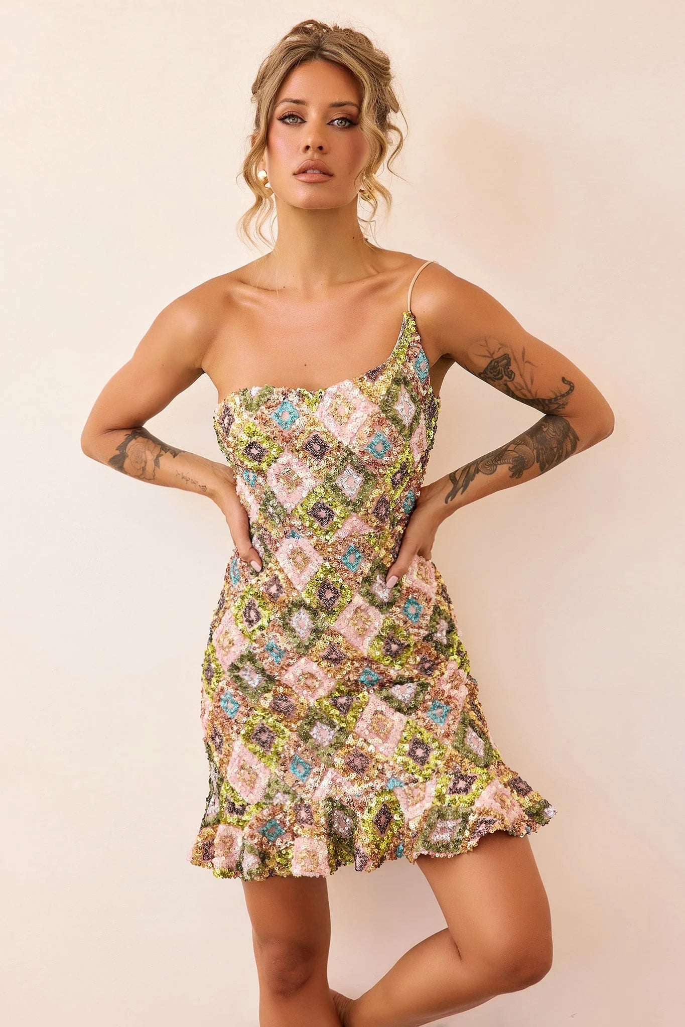 Mirage Mosaic Sequin Mini Dress - Lime Mult