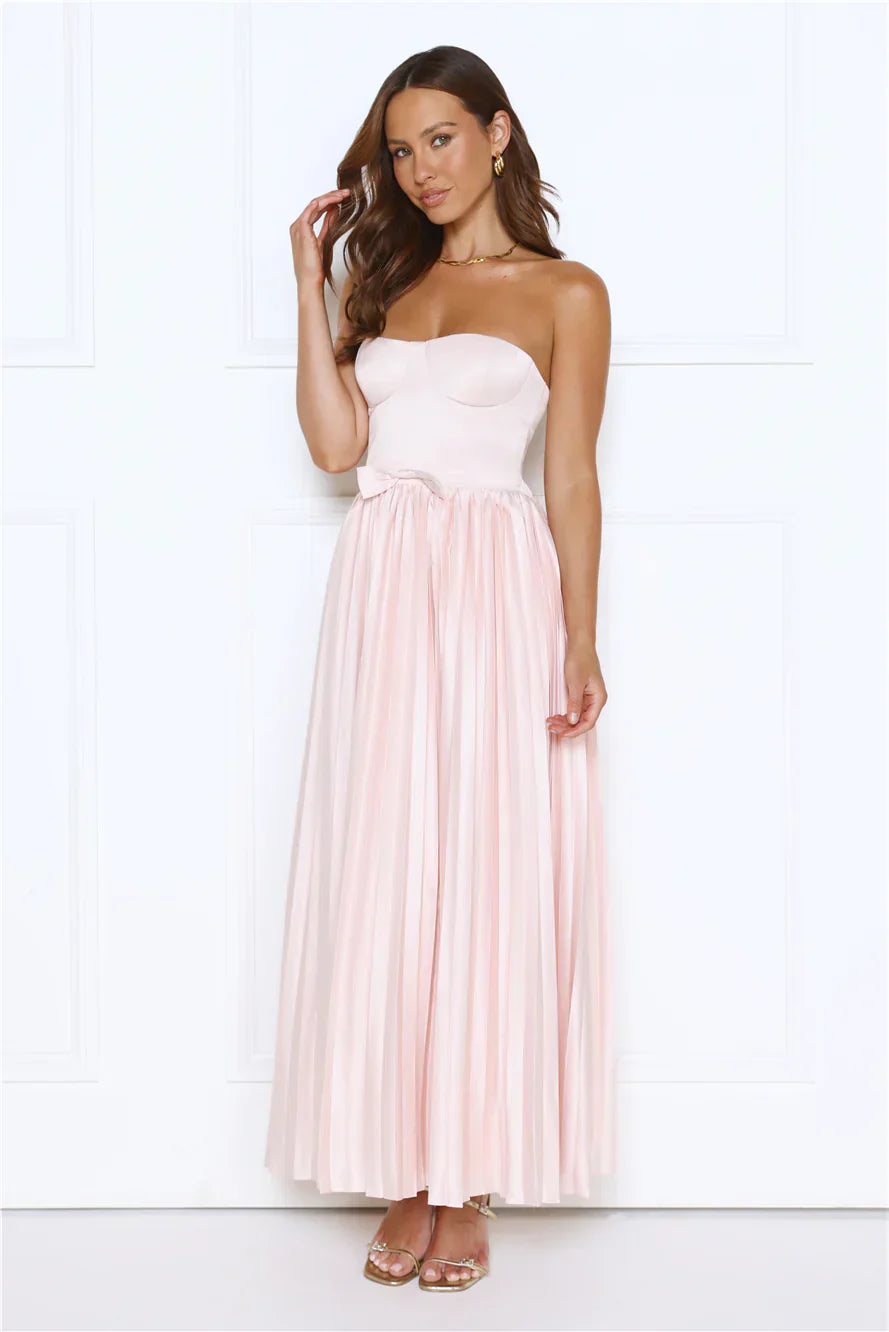 Glossed Over Strapless Satin Pleated Maxi Dress Pink