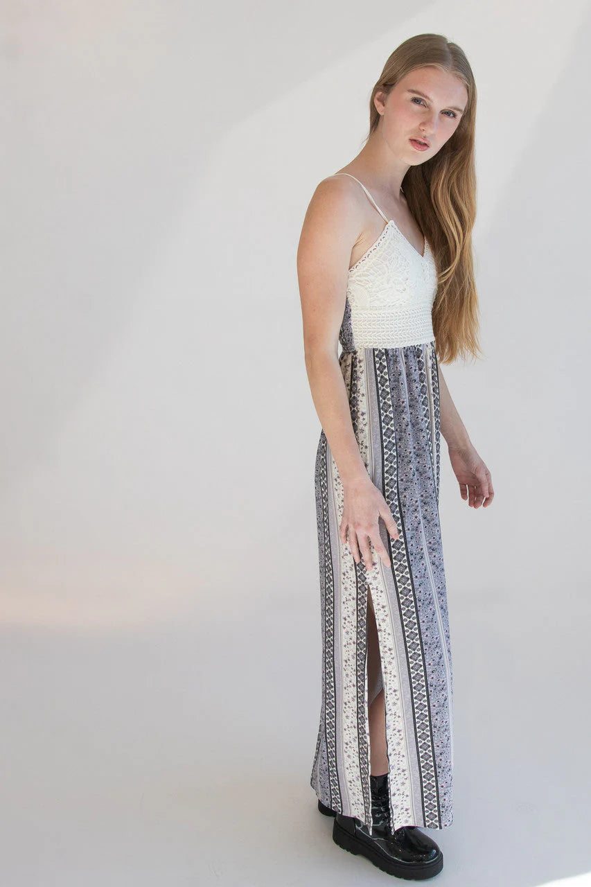 Lace Top Border Print Maxi Dress
