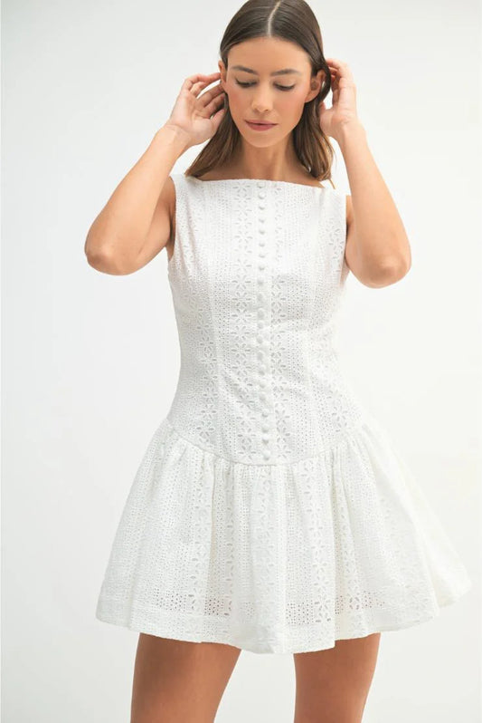 Henley Eyelet Florals Button Up Mini Dress - White