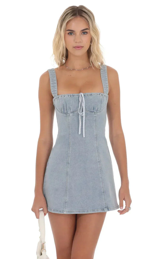 Denim Striped Bow Dress in Light Blue