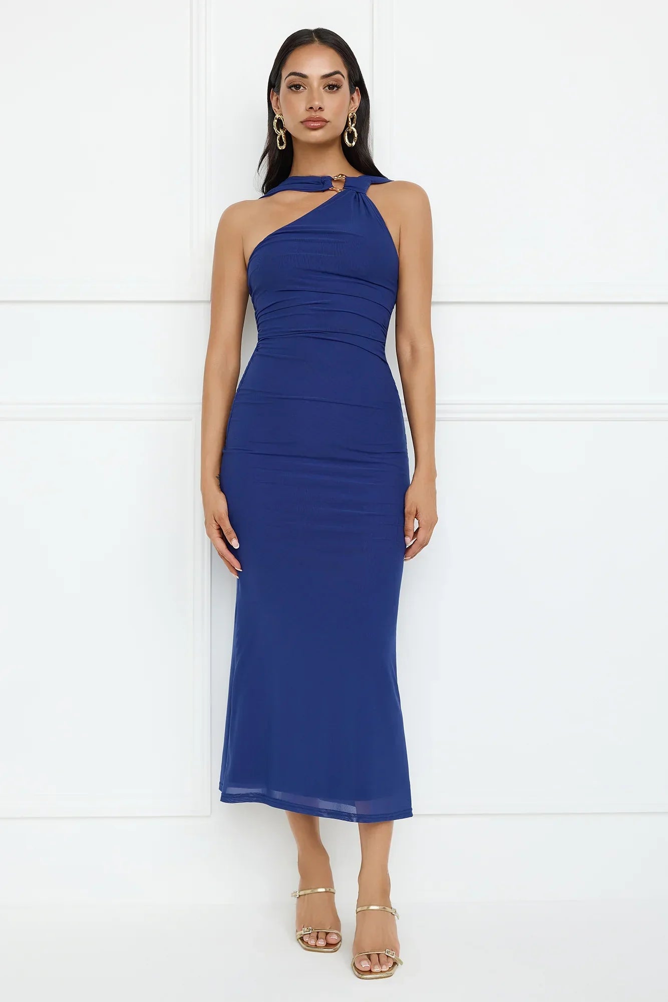 Nightlife Chic One Shoulder Mesh Midi Dress Blue