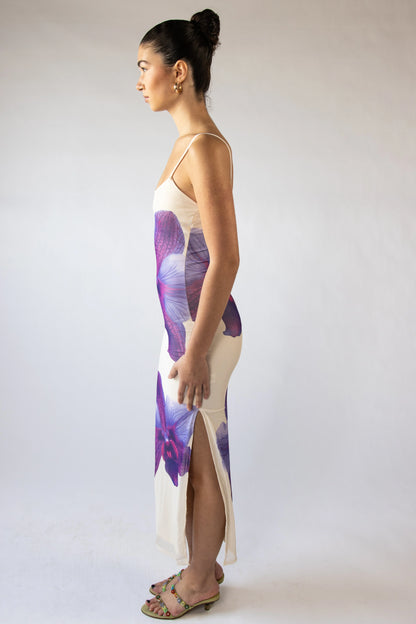 Large Flower Print Mesh Maxi Dress