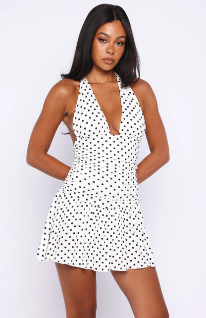 Whispered Dreams Halter Mini Dress White/Black Polka Dot