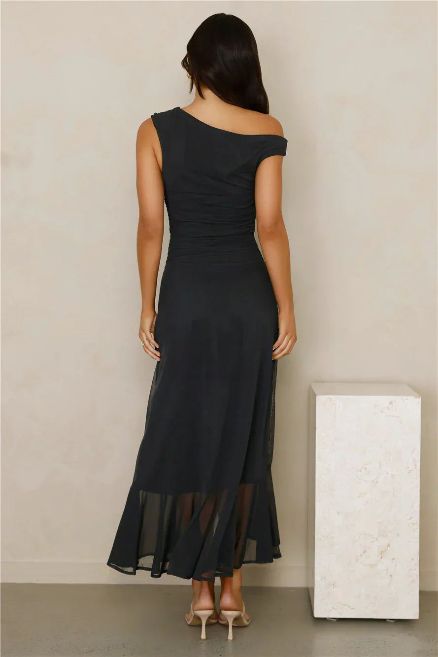 Effortless Girl Off Shoulder Mesh Midi Dress
