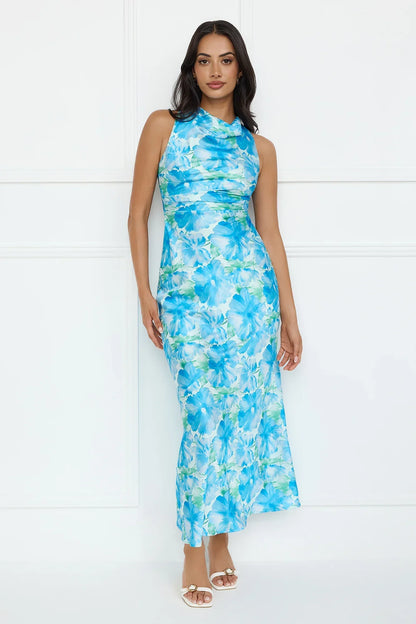 Ocean Spark Satin Maxi Dress Blue