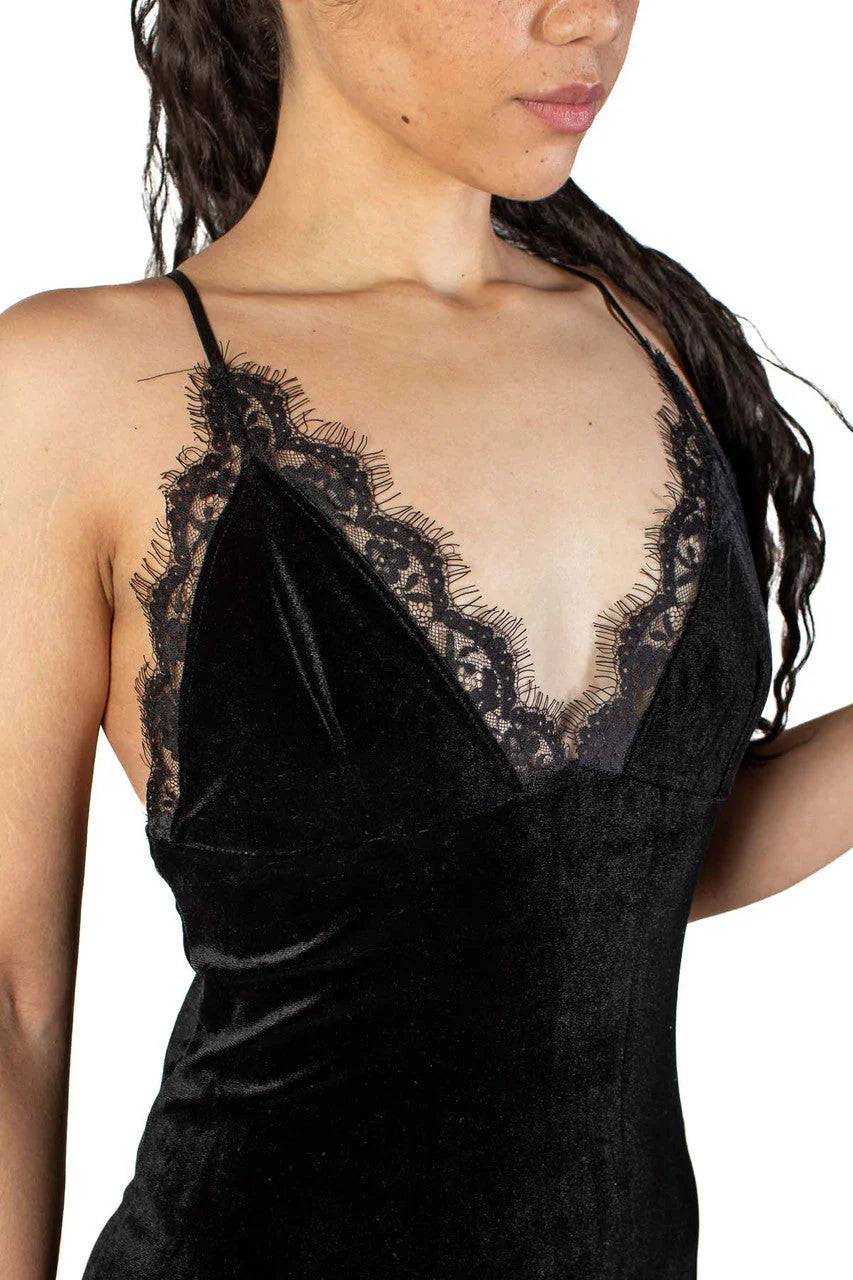 Black Lace Trim Velvet Mini Dress