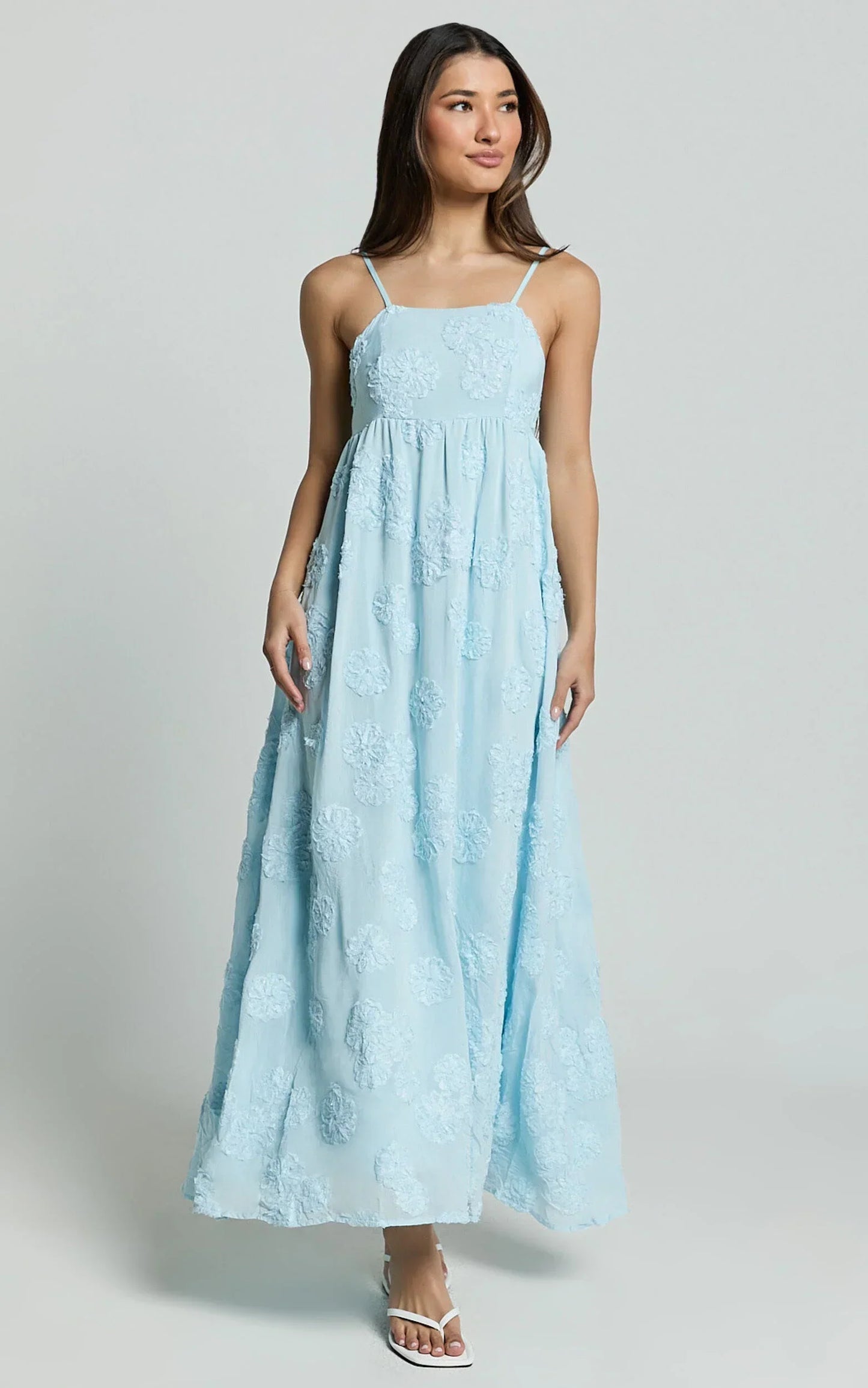 Claya Maxi Dress - Sleeveless Straight Neckline Floral Detail Dress in Pale Blue