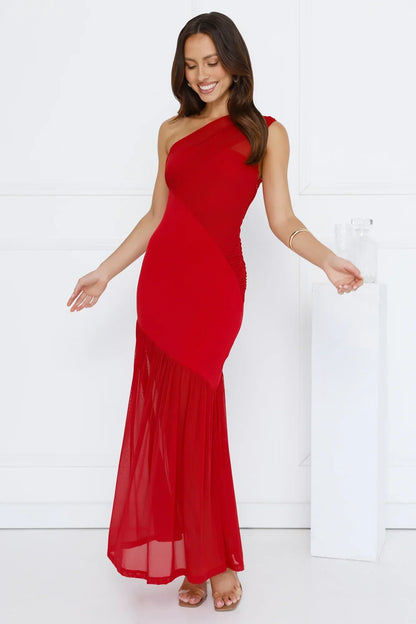 Vibe Style One Shoulder Mesh Maxi Dress