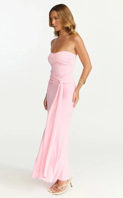 Aria Maxi Dress - Strapless Tie Waist Dress in Pink