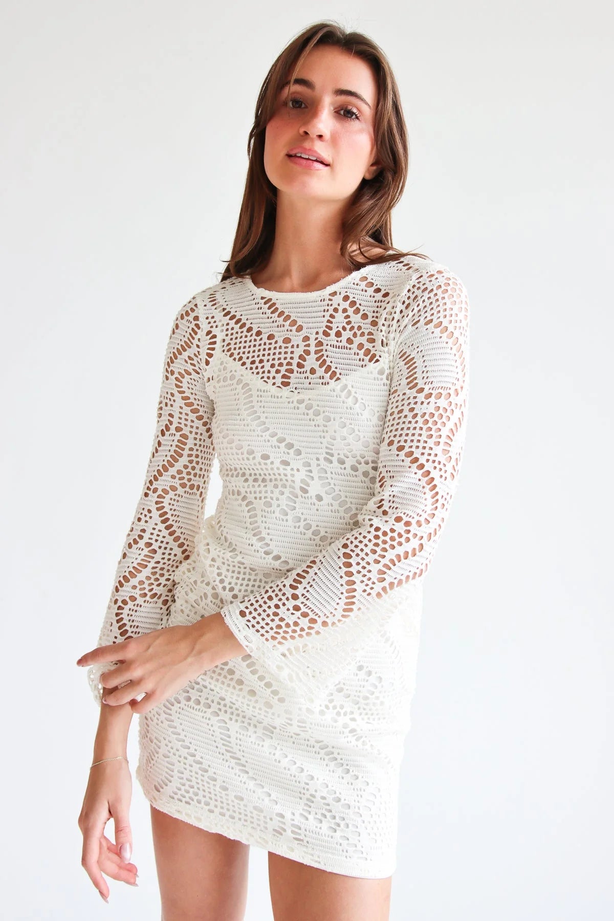 Bell Sleeve Crochet Dress With Slip