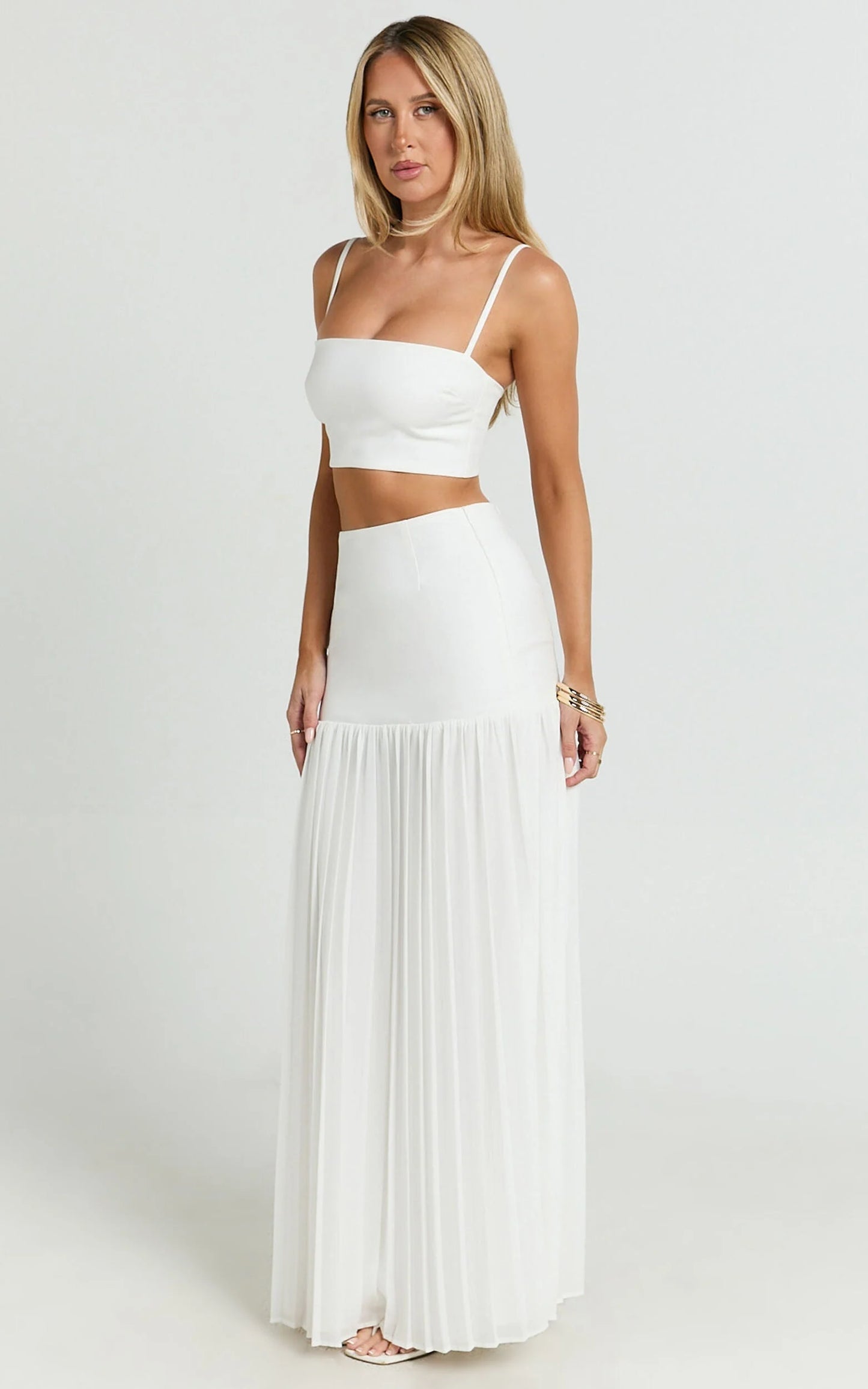Rowan Two Piece Set - Square Neck Crop Top and High Waist Pleated Skirt Set in Ivory