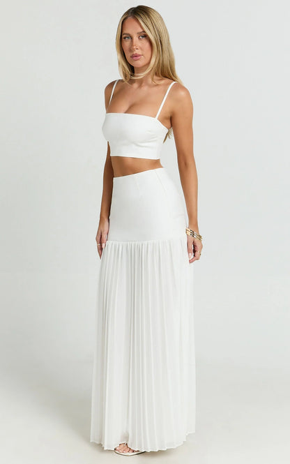 Rowan Two Piece Set - Square Neck Crop Top and High Waist Pleated Skirt Set in Ivory
