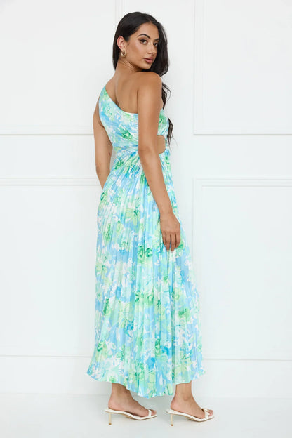 Emerald Ice One Shoulder Satin Pleated Maxi Dress Blue