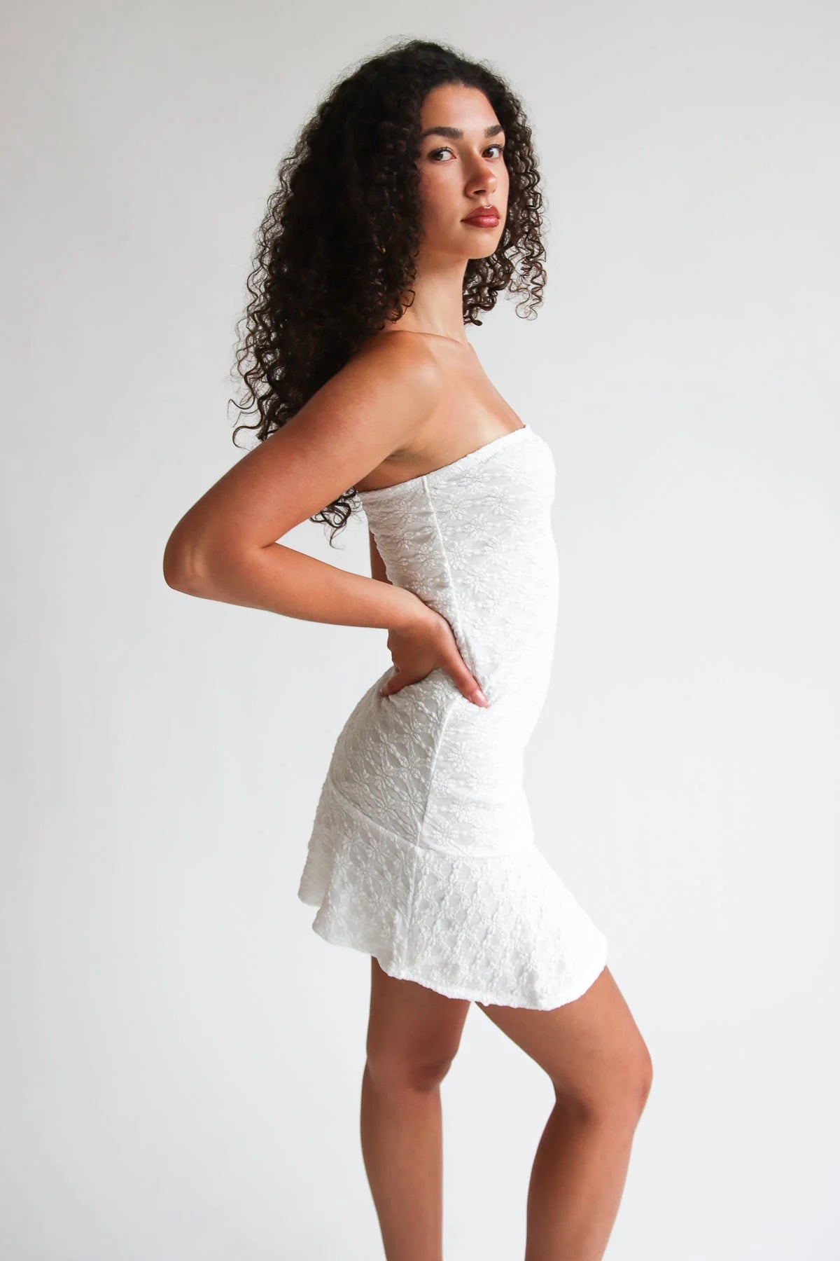 Strapless Split Hem Lace Mini Dress