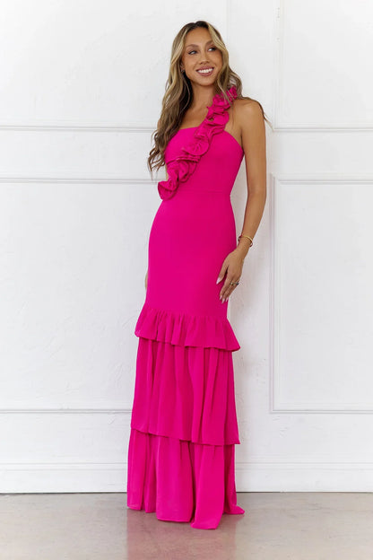Blooming In Summer One Shoulder Maxi Dress Pink