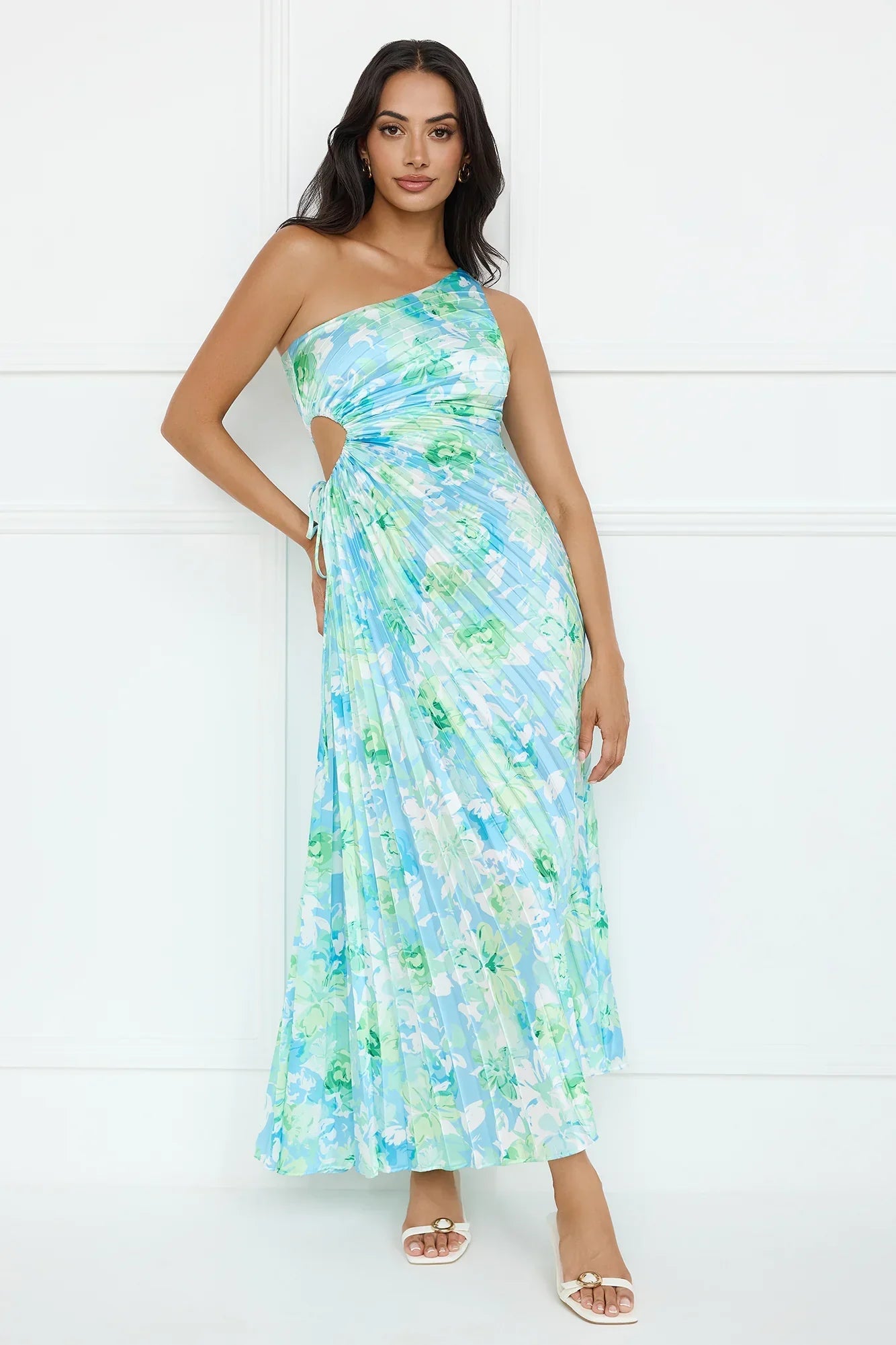 Emerald Ice One Shoulder Satin Pleated Maxi Dress Blue