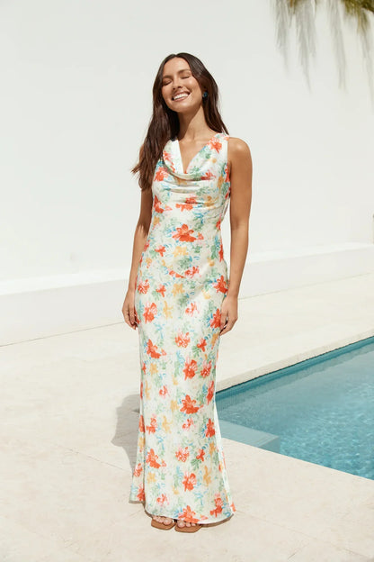 Flowers In Her Hair Satin Maxi Dress Print