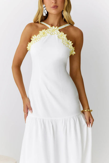 Golden Petals Midi Dress White