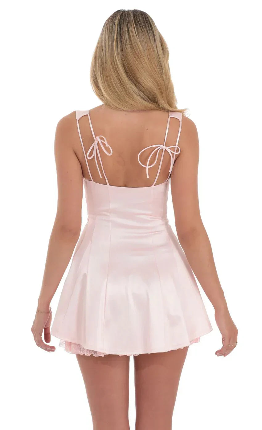 Double Bows Satin Ruffle Dress in Pink
