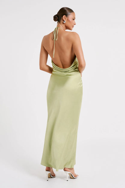 Sammy Satin Halter Maxi Dress - Pistachio
