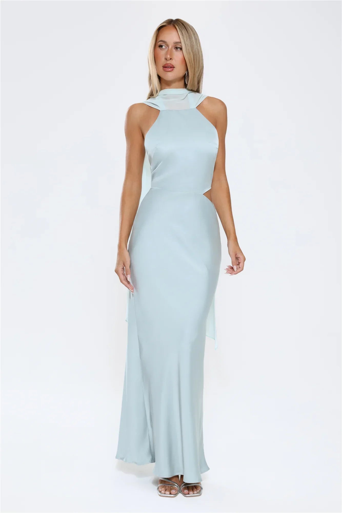 Luxe Obsession Halter Satin Maxi Dress Seafoam