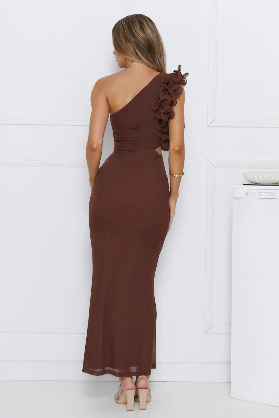 Luxe By Moonlight One Shoulder Mesh Maxi Dress Brown
