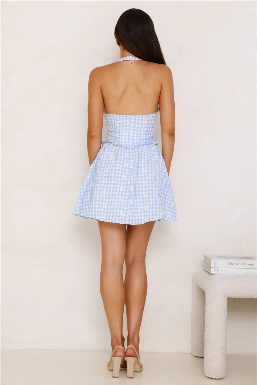 Cloudlike Charm Gingham Halter Mini Dress Blue