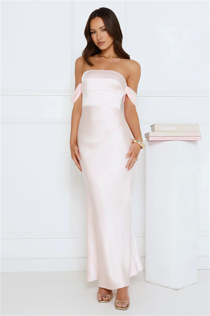 Hot Girl Diaries Off Shoulder Satin Maxi Dress Pink