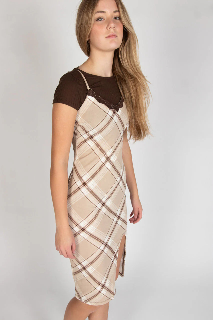 Lace Trim Plaid Midi Dress With Tee