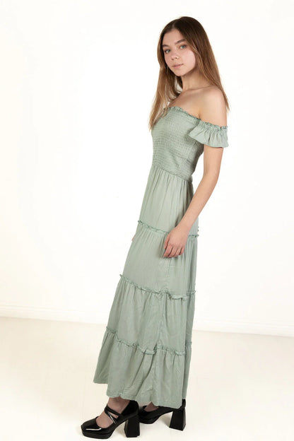 Spring Green Over The Shoulder Tiered Maxi Dress