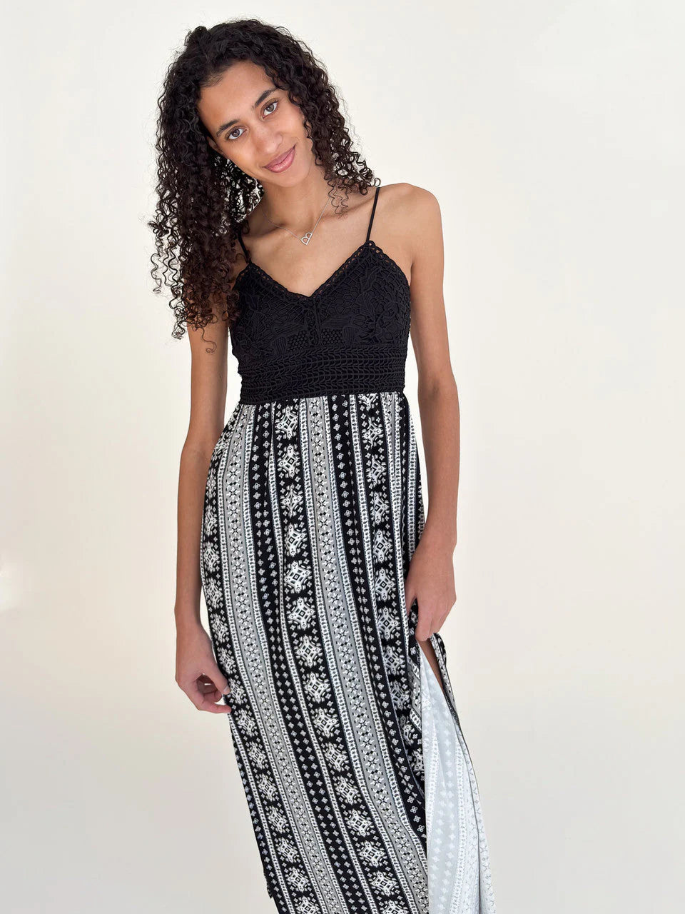 Lace Top Border Print Maxi Dress