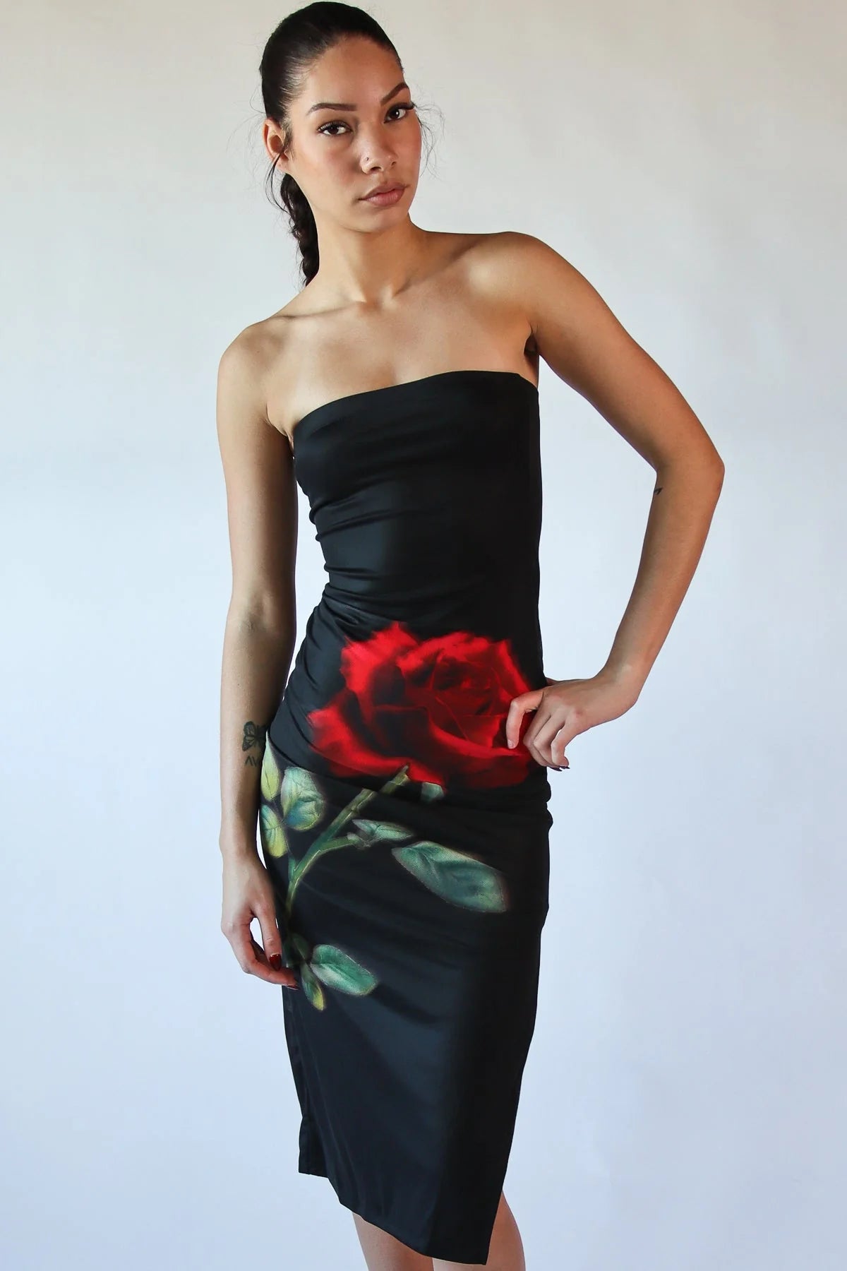Rose Graphic Mesh Midi Tube Dress