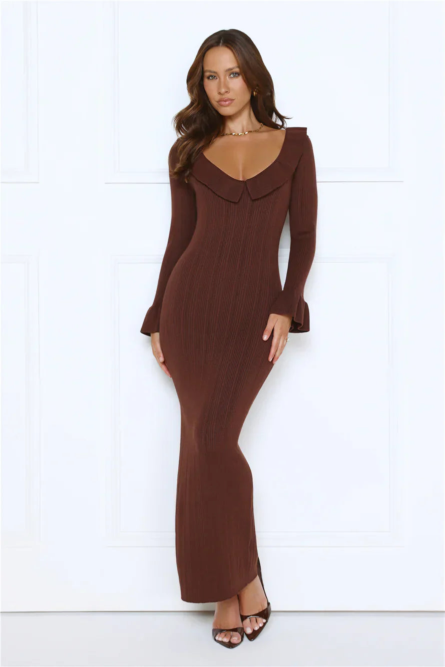 Night Style Ribbed Maxi Dress Brown