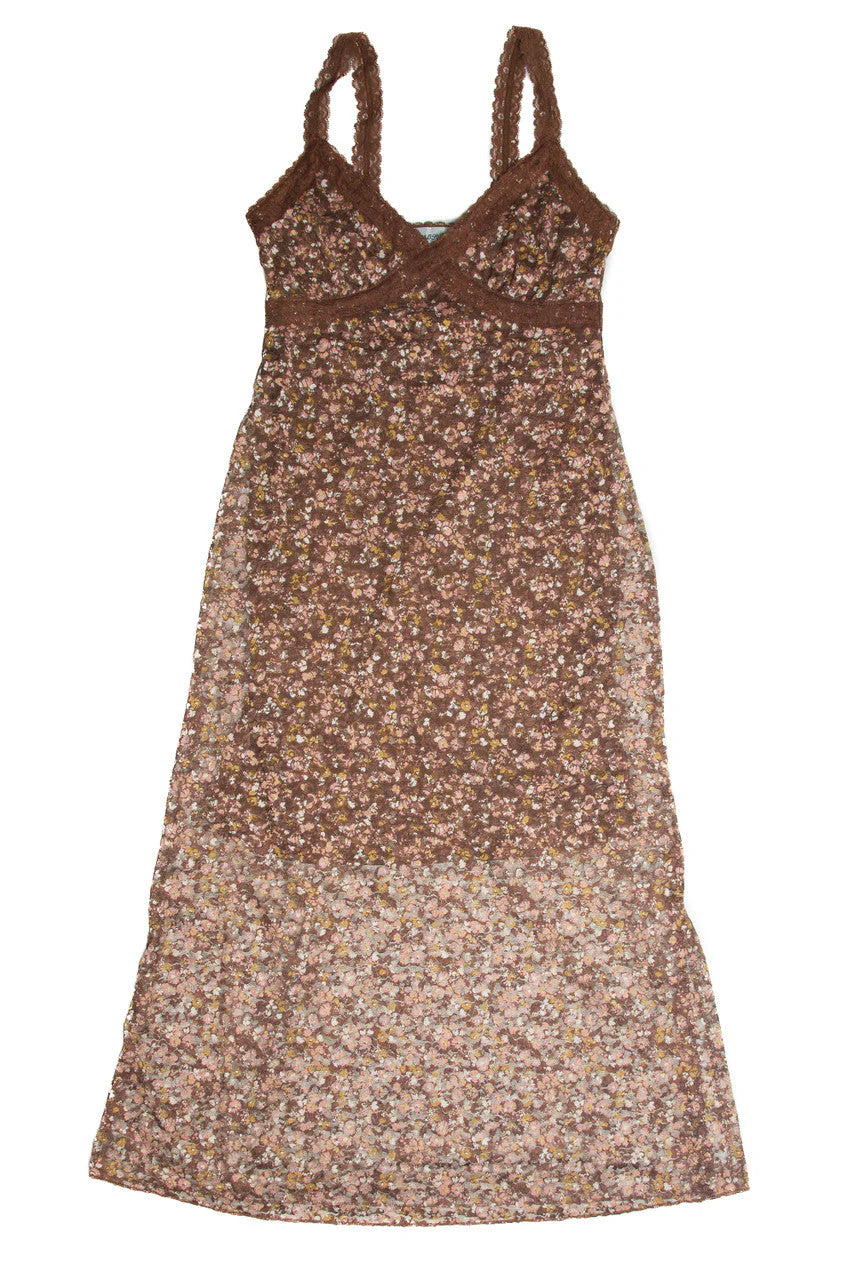 Brown Lace Trim Printed Midi Dress