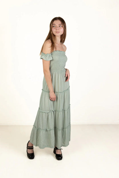 Spring Green Over The Shoulder Tiered Maxi Dress