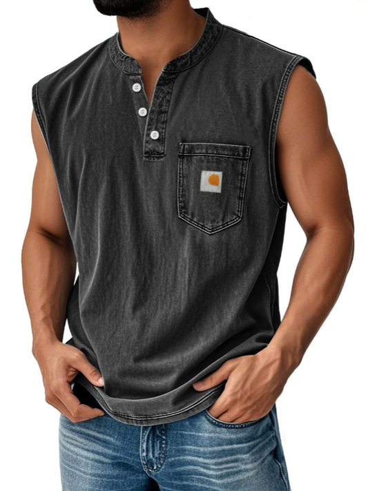 Men's Vintage Stand Collar Casual Pocket Solid Color Sleeveless Henley Vest