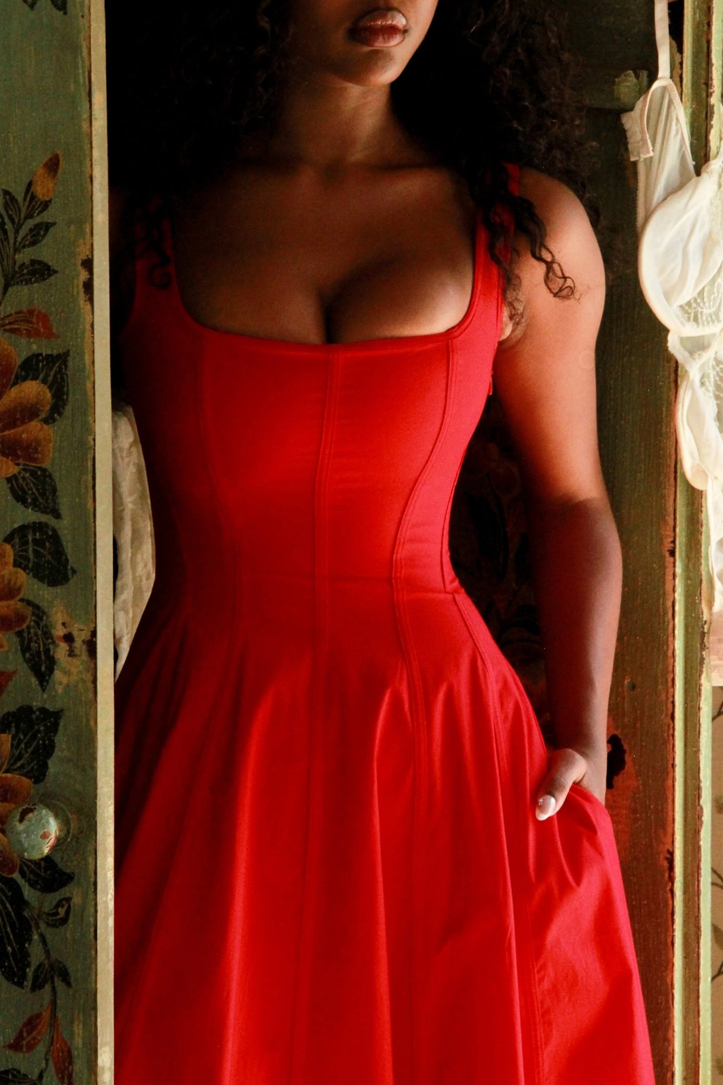 red stretch cotton midi sundress
