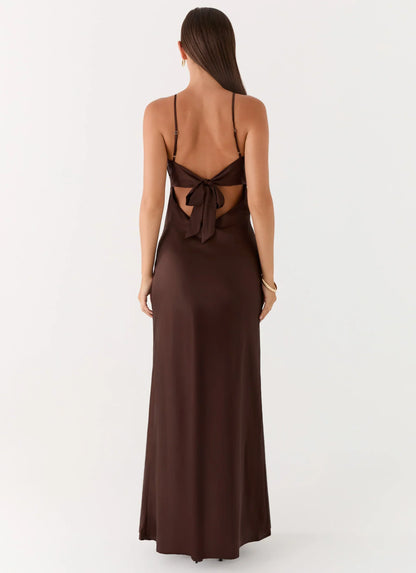 Flora Satin Maxi Dress - Chocolate