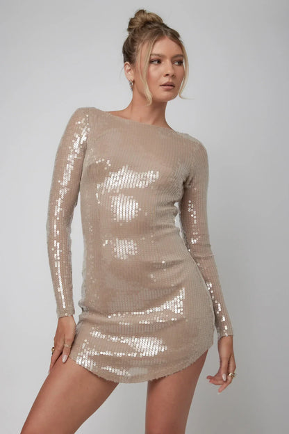 Karma Long Sleeve Keyhole Back Sequin Dress Nude