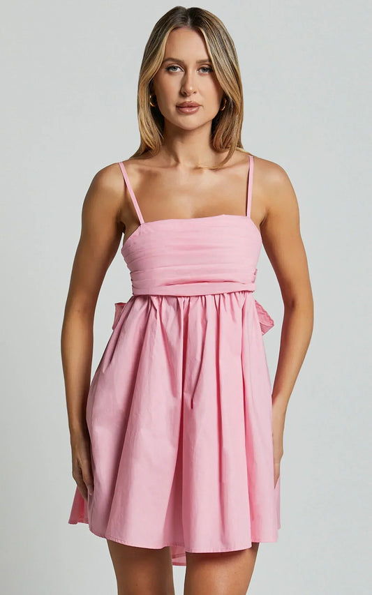 Clover Mini Dress Back Bow Babydoll Dress in Pink