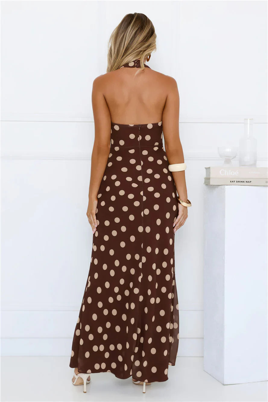 Nova Nights Halter Polka Dot Maxi Dress Brown