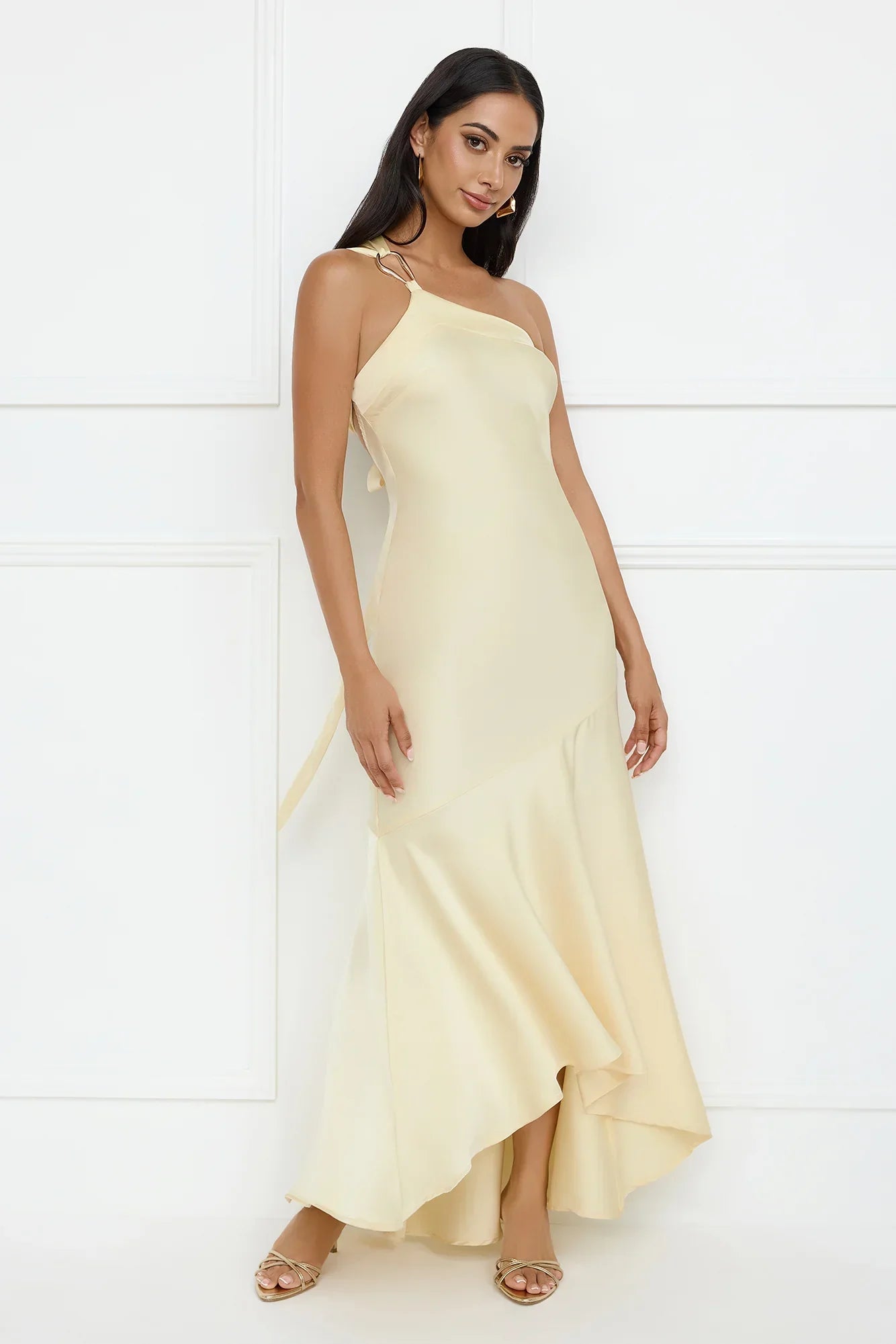 Masquerade Energy One Shoulder Satin Maxi Dress Yellow