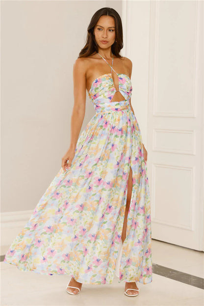 Hibiscus Hues Halter Maxi Dress Print