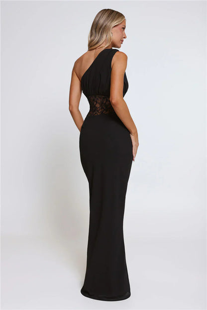 Lace Desire One Shoulder Maxi Dress Black