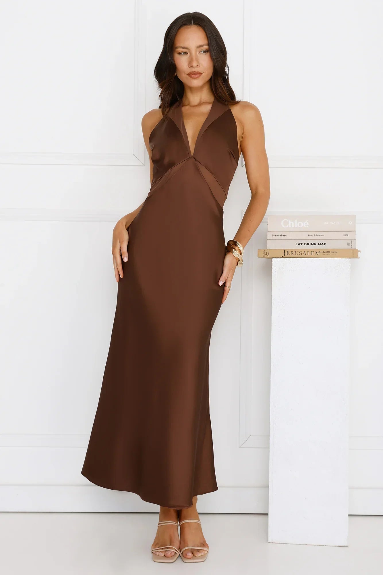 Nocturnal Bloom Satin Halter Maxi Dress Brown